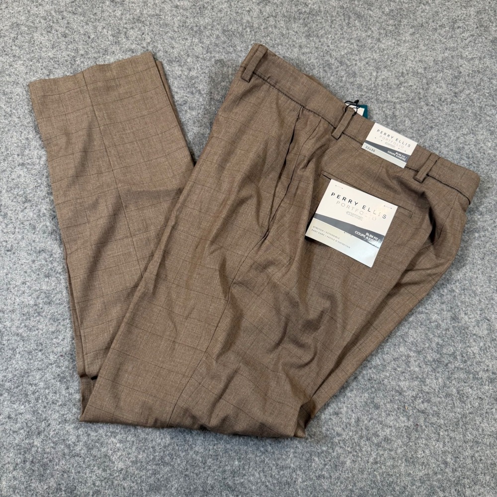 Perry Ellis Portfolio Slim Fit Brown Grid Dress Pants 32x30 PTBSD031CP